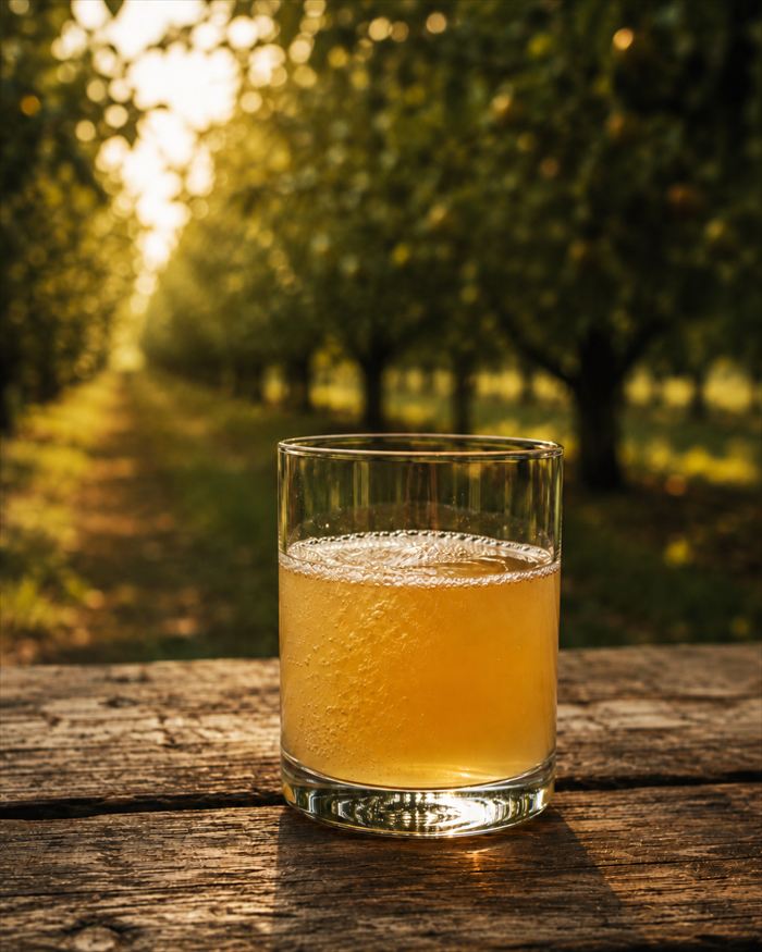 Glass of cloudy juice in an orchard