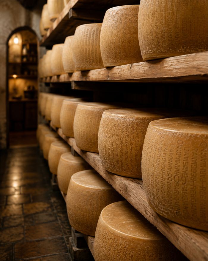 Aged cheese wheels in a cellar
