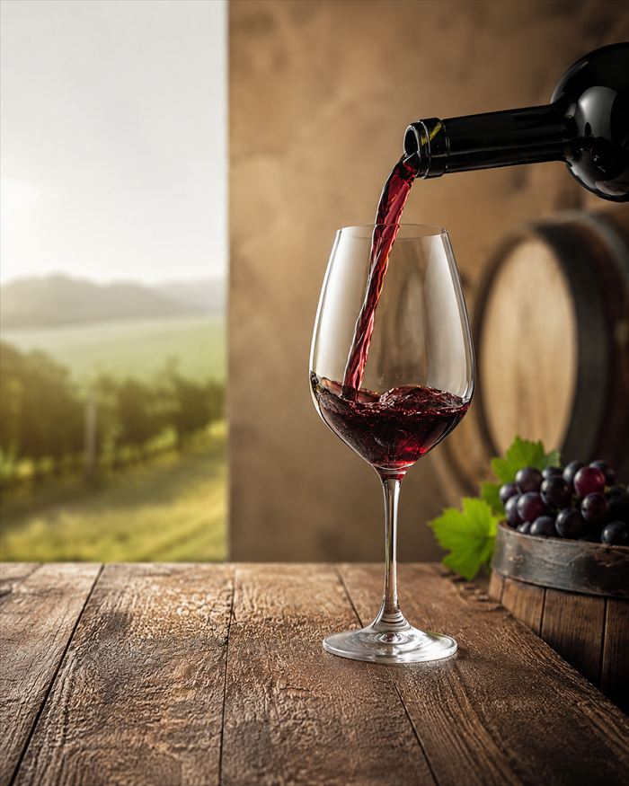 Red wine poured into a glass
